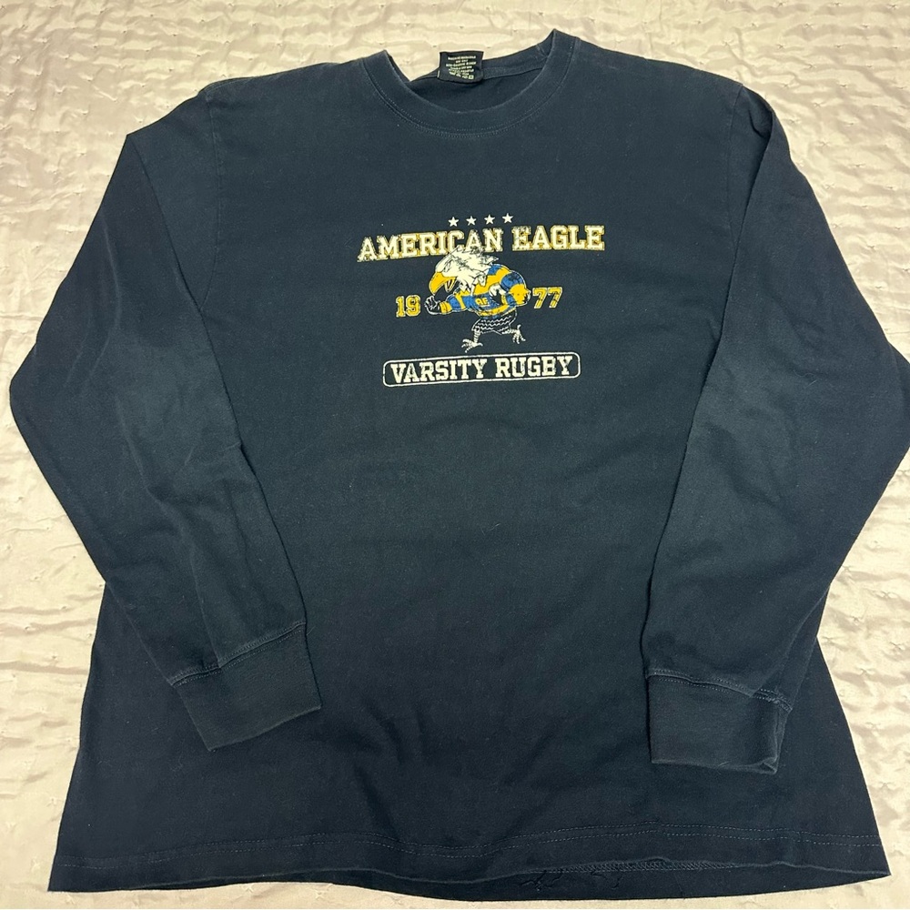 American Eagle Outfitters T Shirt M Blue Varsity Champs Rugby Graphic Sports